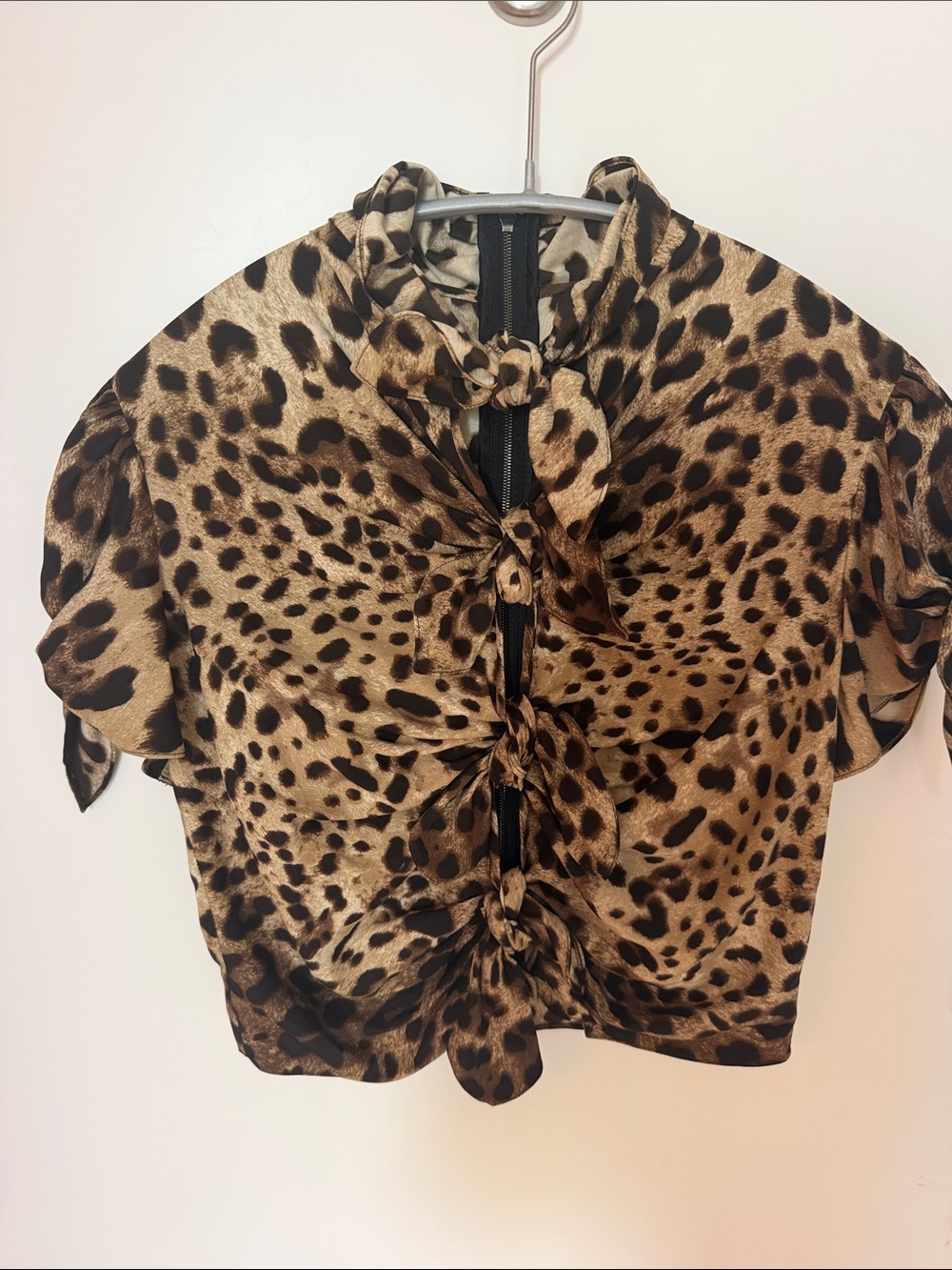 Dolce & Gabbana Leopard Print Short Sleeve Tie-Front Blouse - size 38